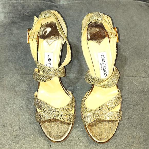 EUC JIMMY CHOO GOLD GLITTER "LOUISE"  STRAPPY HEEDLED SANDALS SIZE 7½ / 38½ UK - Picture 3 of 8